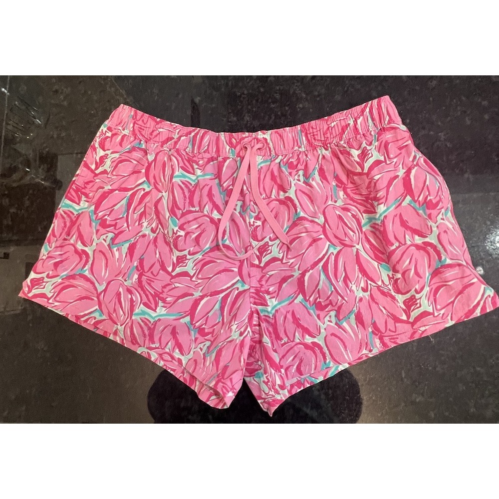 Lauren James Nylon Pink Flower Tulip Shorts Elastic waist Pull-on Large